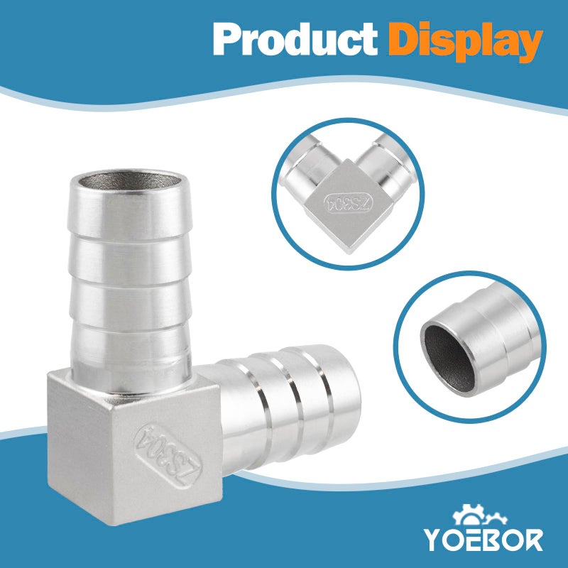 Yoebor Metalwork 304 Stainless Steel Hose Barb Fitting, 90 Degree L Right Angle Barb Elbow, 1" Barbed x 1" Barbed (Pack of 2) - Image 2